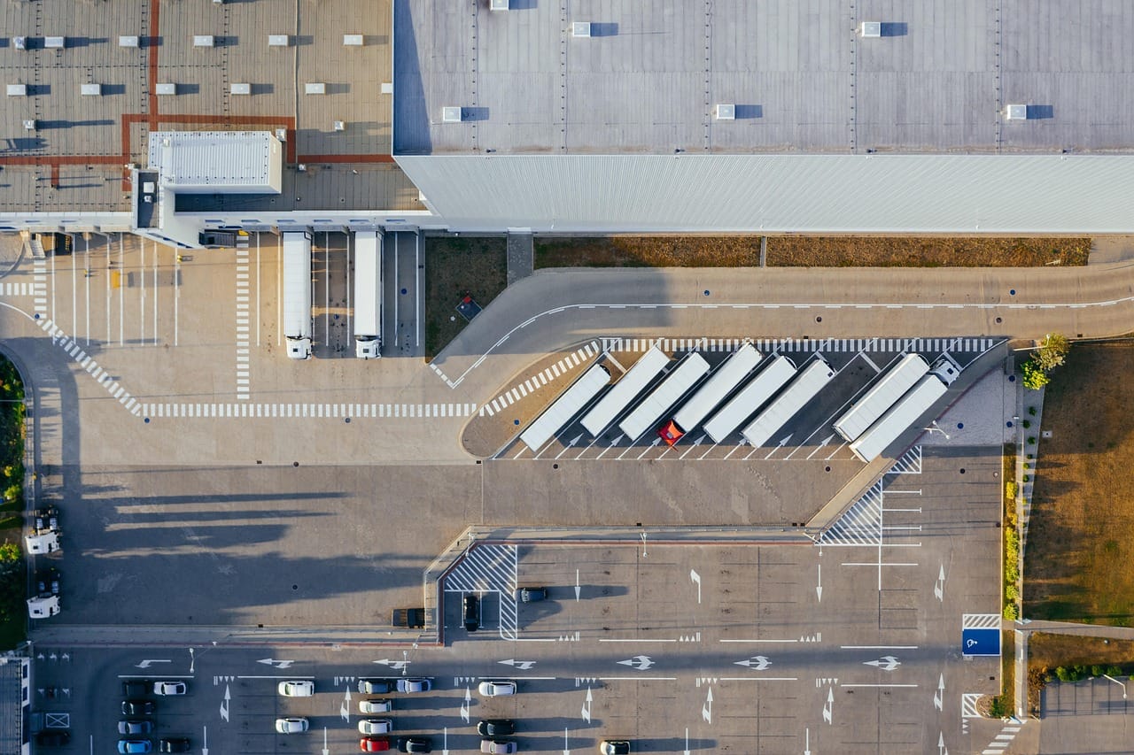 UK logistics depot with HGV vehicles